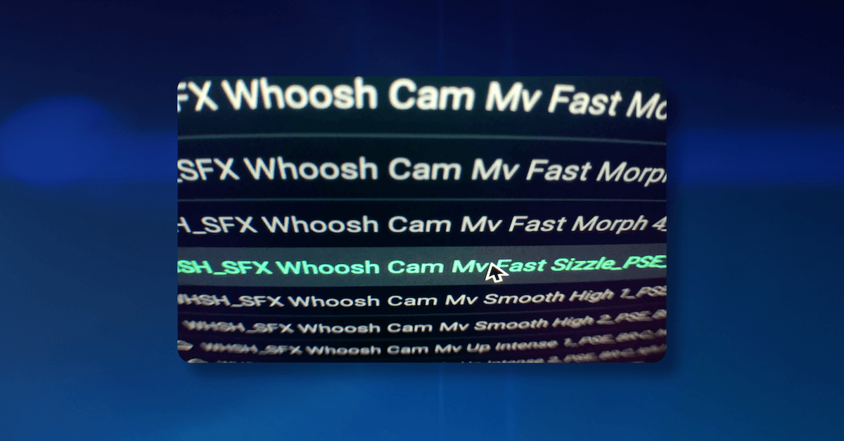 A screenshot of sound effects software, showing many Whoosh sound files with a mouse selecting one